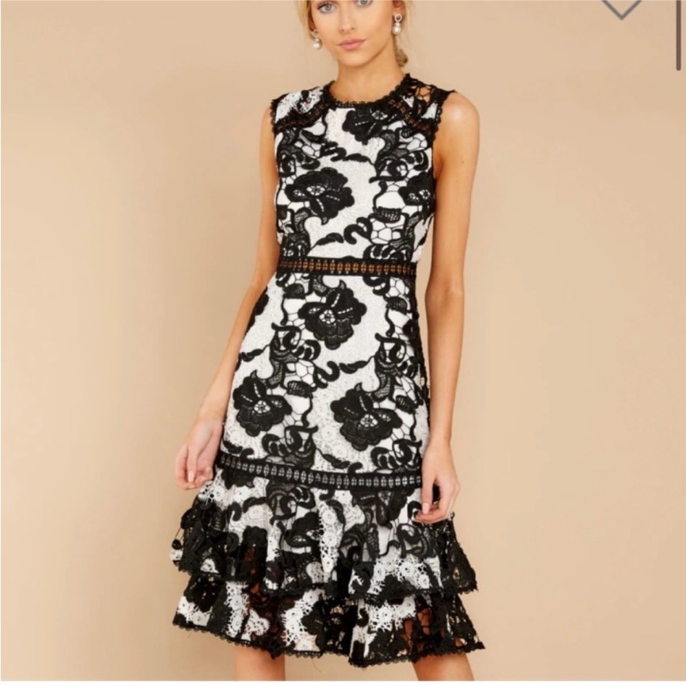 Red Dress Boutique Elegant Black and White Lace Midi Dress